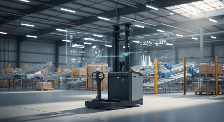 Interior de armazém automatizado com empilhadeira conectada e painéis de dados