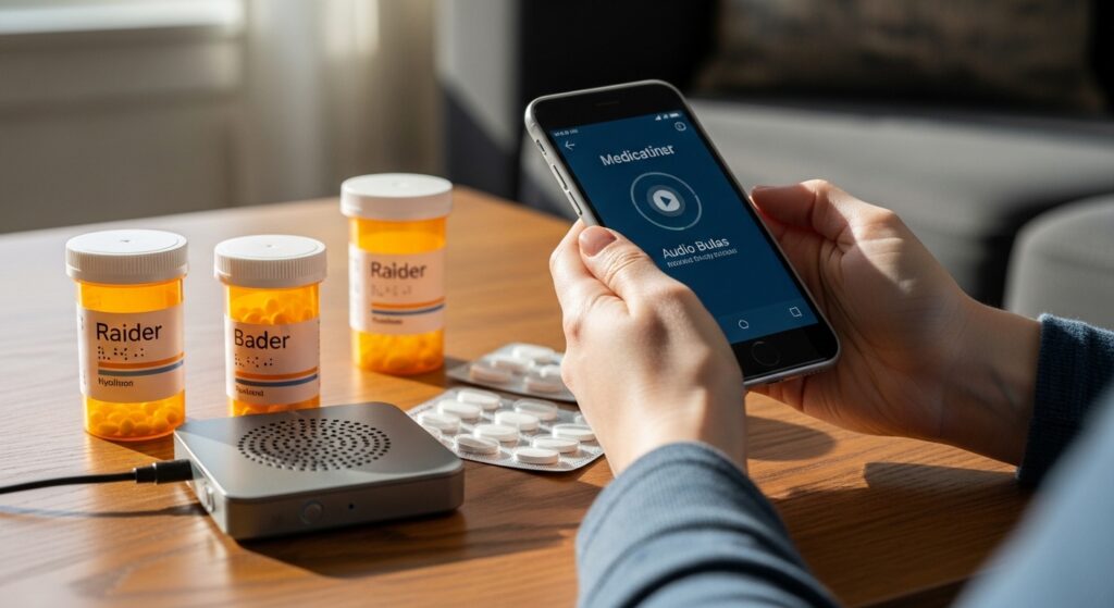 Pessoa usando smartphone e embalagens em Braille para tomar remédio em casa