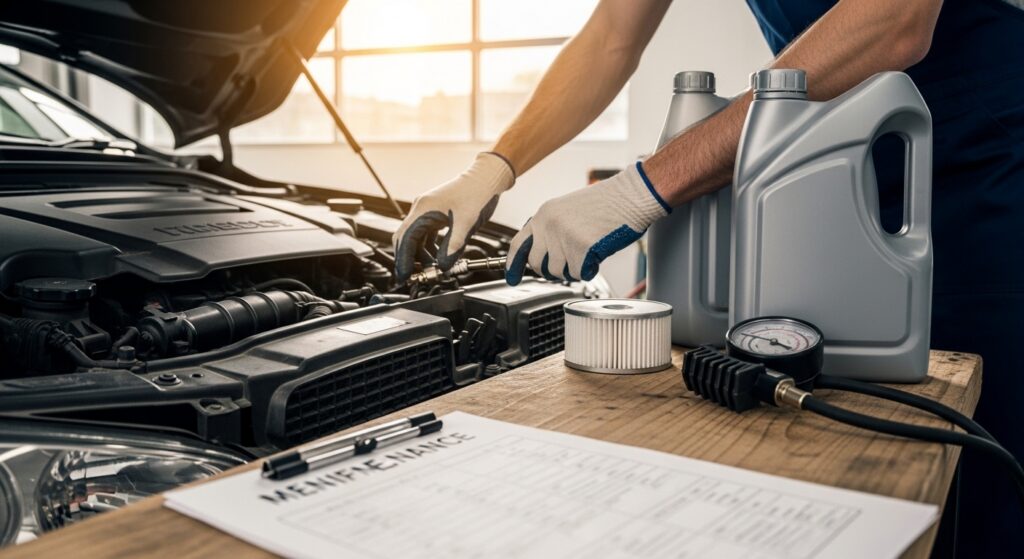 Mecânico inspeciona velas de ignição e filtros sob capô aberto com checklist