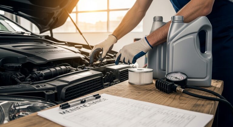 Mecânico inspeciona velas de ignição e filtros sob capô aberto com checklist