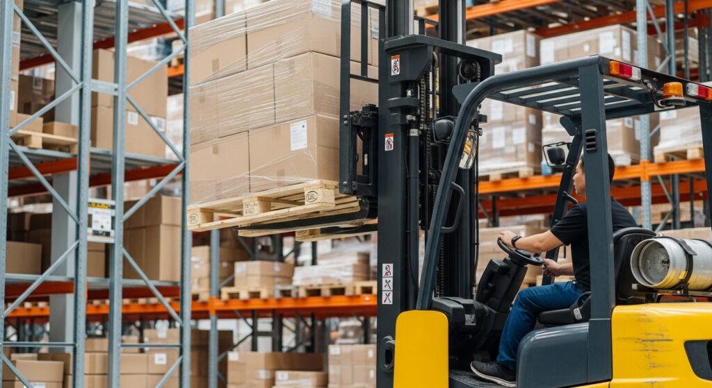 Empilhadeira locada em ação movimentando pallets em um centro de distribuição moderno