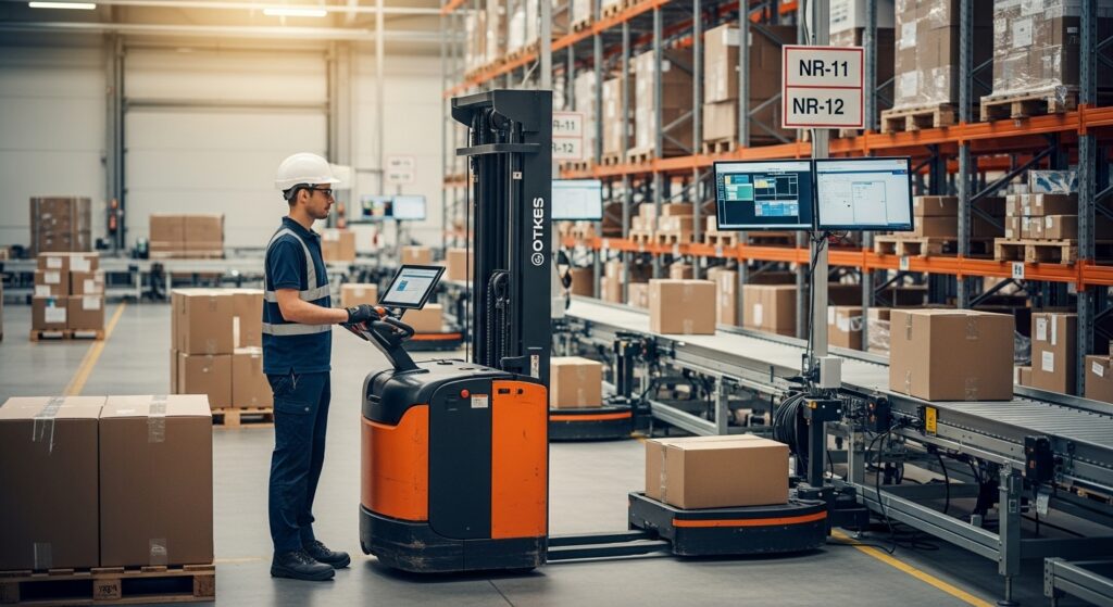 Profissional operando empilhadeira digital em armazém moderno de logística 4.0