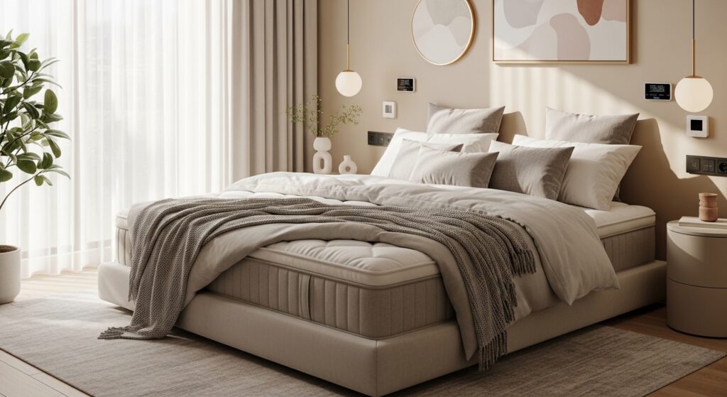 Quarto sereno e luxuoso preparado para sono profundo