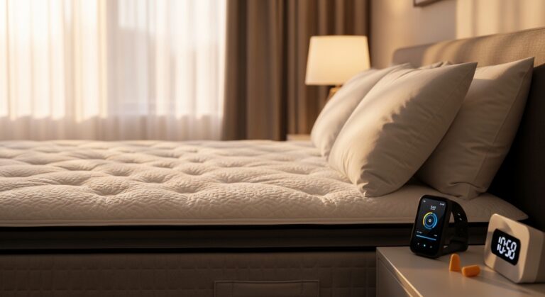 Quarto tranquilo com cama premium e luz suave ao amanhecer