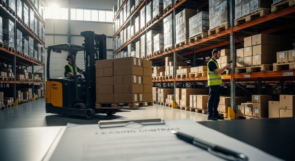 Empilhadeira elétrica em operação dentro de um armazém moderno para logística flexível