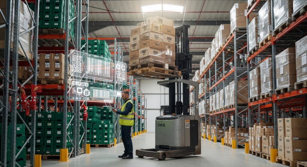 Centro de distribuição modular com empilhadeira em operação e gestor usando tablet