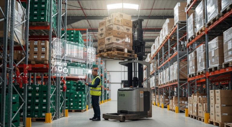 Centro de distribuição modular com empilhadeira em operação e gestor usando tablet