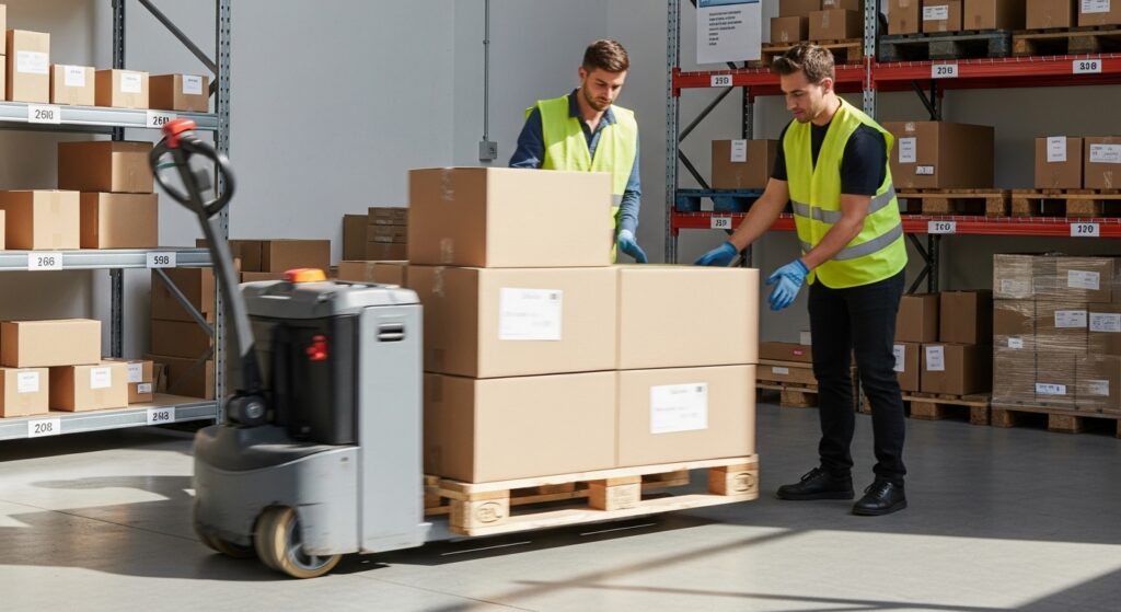 Operador usando transpaleta elétrica em armazém moderno