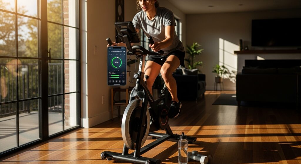 Pessoa pedalando em bicicleta ergométrica iluminada pela luz do dia, com app de treino visível no smartphone