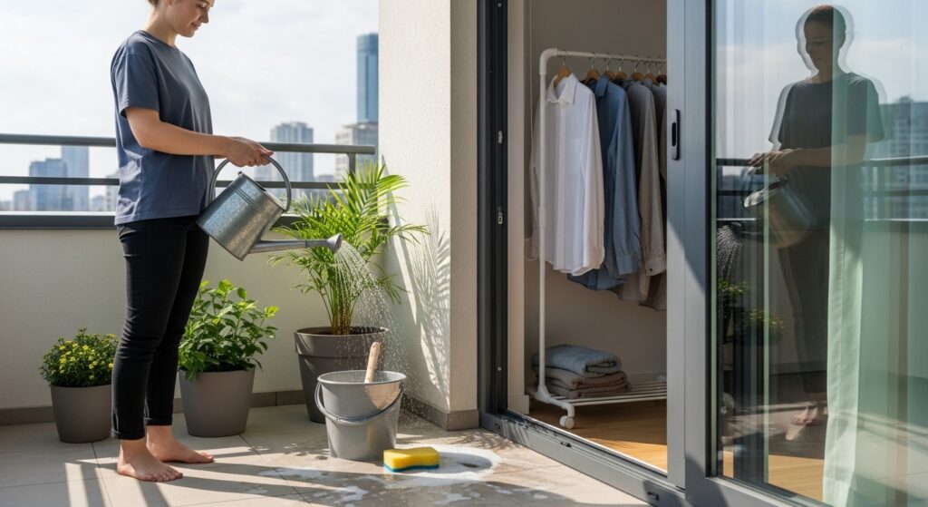 Varanda urbana com plantas, regador e balde para lavagem econômica de carro