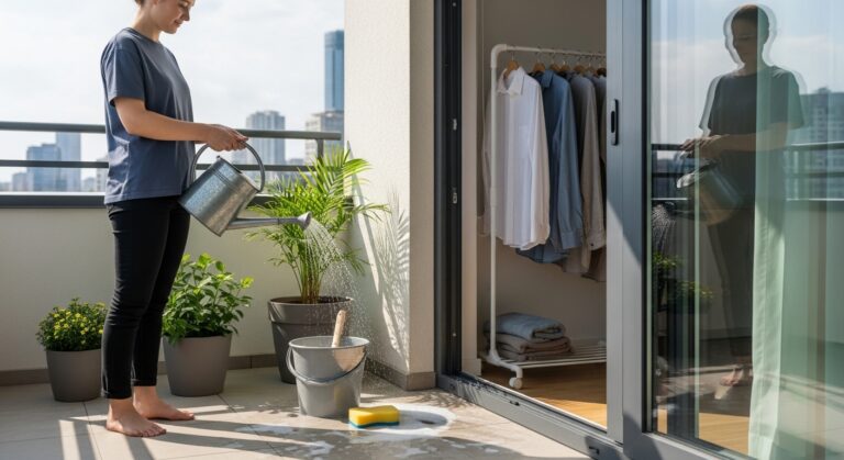 Varanda urbana com plantas, regador e balde para lavagem econômica de carro