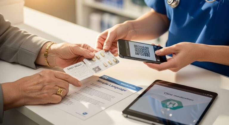 Idoso com medicamento em braile e QR code no smartphone