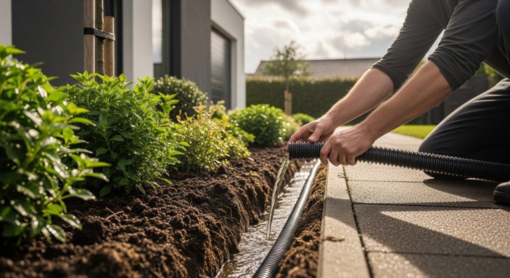 Jardineiro instalando tubo PEAD corrugado para drenagem no jardim durante chuva