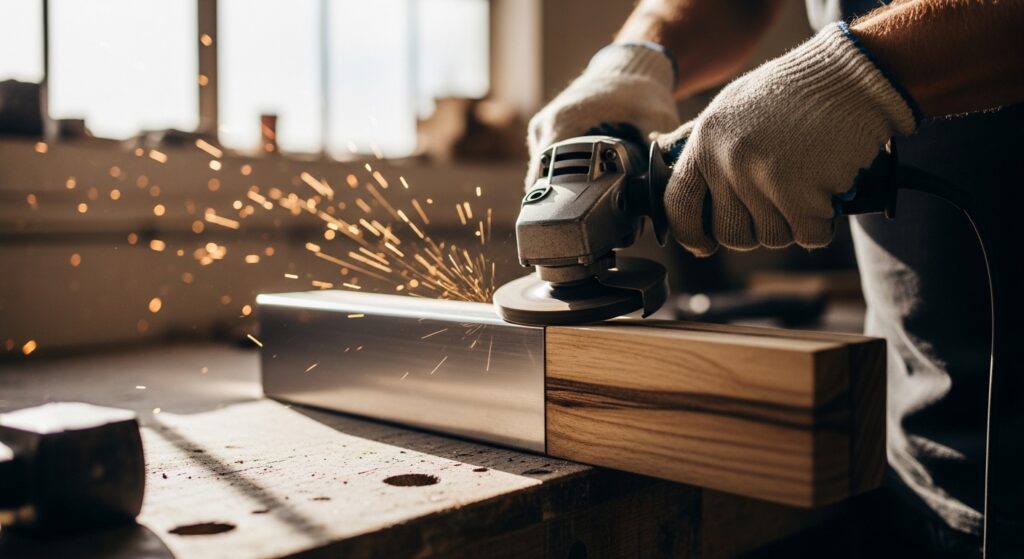 Artista usando esmerilhadeira para acabamento em peça de madeira e metal