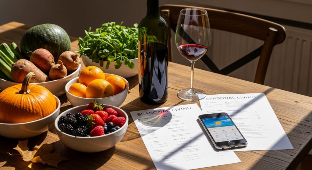 Mesa rústica com frutas e legumes sazonais, vinho e lista de compras