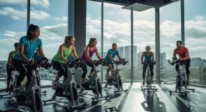 Aula de spinning em estúdio moderno mostrando sol e chuva simultaneamente