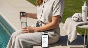 Mulher segurando garrafa d'água à beira da piscina