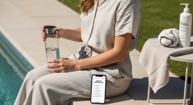 Mulher segurando garrafa d'água à beira da piscina