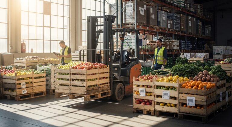 Empilhadeira movendo paletes de produtos agrícolas frescos no armazém