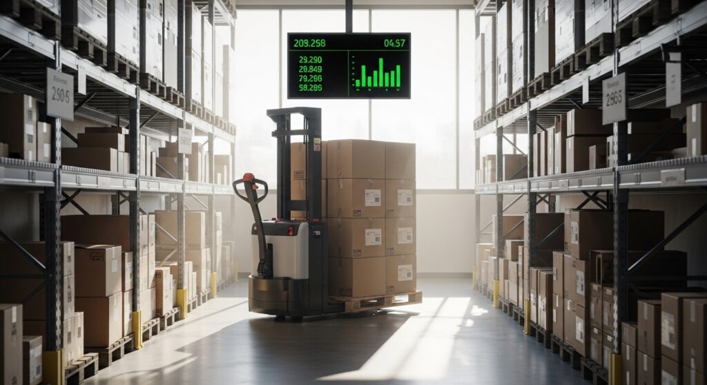 Transpaleta elétrica transporta caixas em depósito organizado