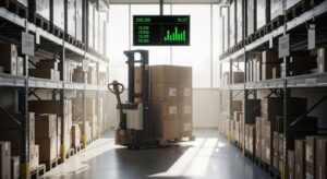 Transpaleta elétrica transporta caixas em depósito organizado