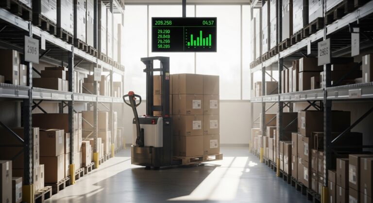 Transpaleta elétrica transporta caixas em depósito organizado