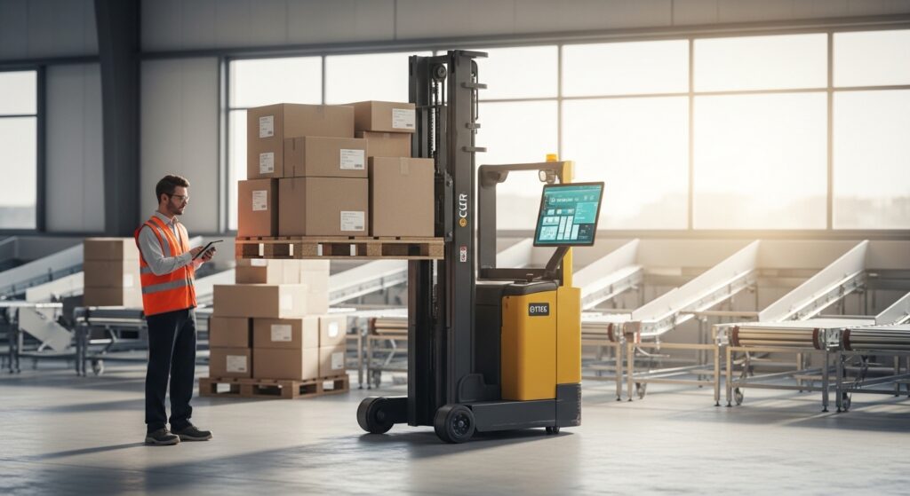 Empilhadeira movimenta caixas em armazém de e-commerce com operador usando tablet