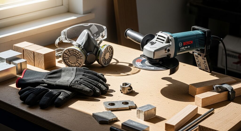 Bancada de mini makerspace com esmerilhadeira Bosch e equipamentos de segurança