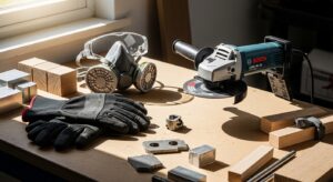 Bancada de mini makerspace com esmerilhadeira Bosch e equipamentos de segurança