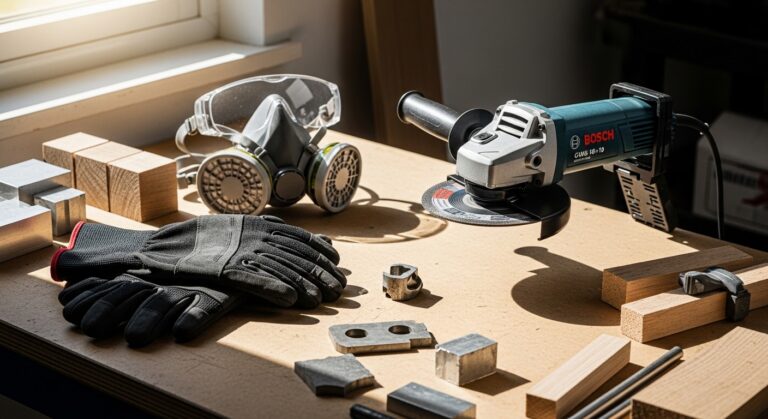 Bancada de mini makerspace com esmerilhadeira Bosch e equipamentos de segurança