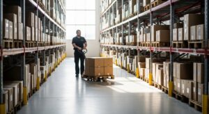 Trabalhador movendo caixas com transpaleteira em armazém organizado