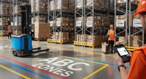 Empilhadeira em armazém organizado com zonas ABC marcadas no chão