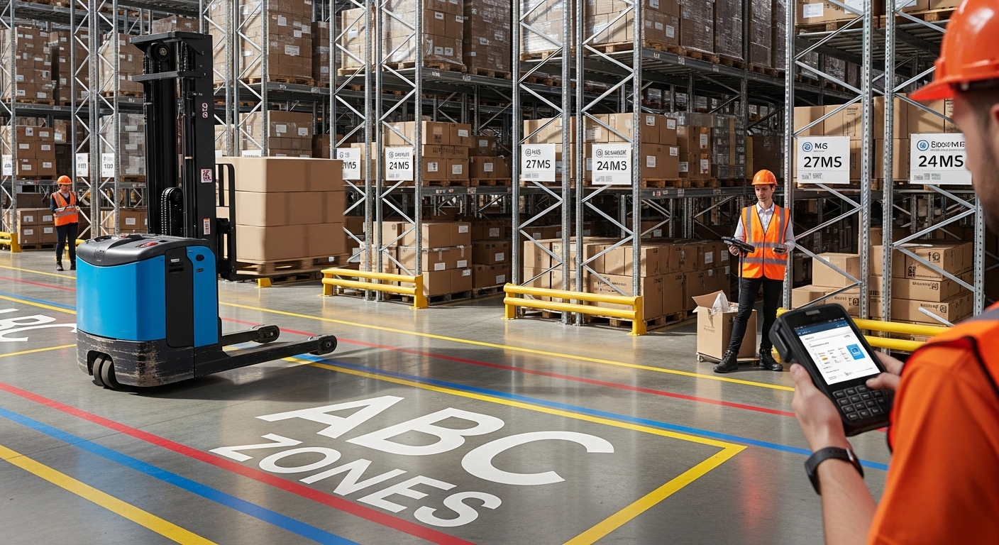 Empilhadeira em armazém organizado com zonas ABC marcadas no chão