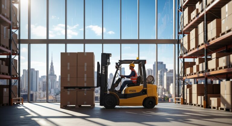 Empilhadeira amarela descarregando caixas em galpão urbano