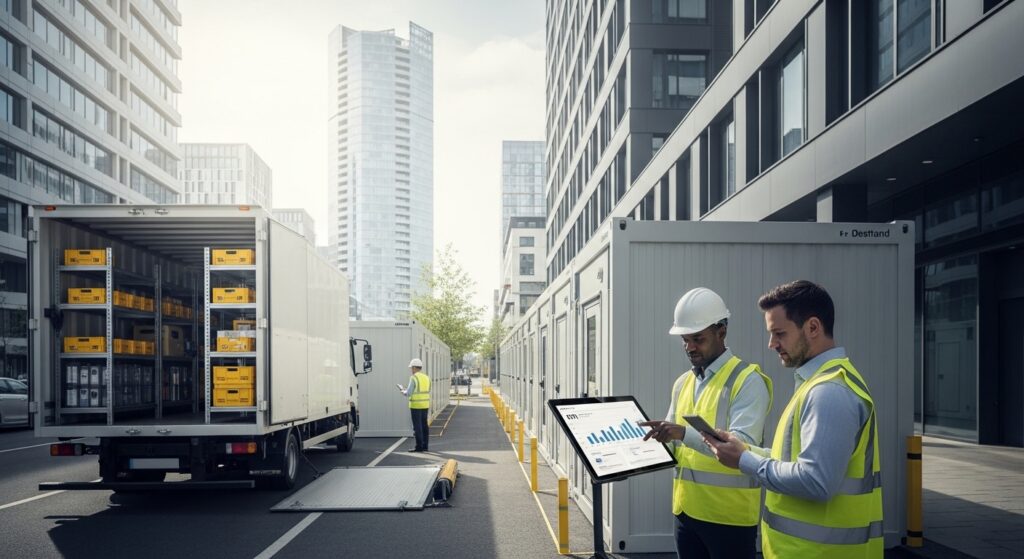 Profissionais analisando operações urbanas flexíveis com contêineres modulares