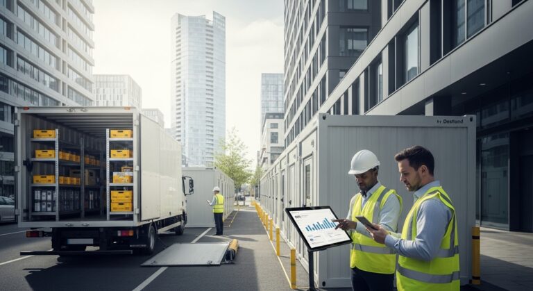 Profissionais analisando operações urbanas flexíveis com contêineres modulares