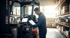 Técnico realizando manutenção preventiva em empilhadeira dentro de armazém organizado