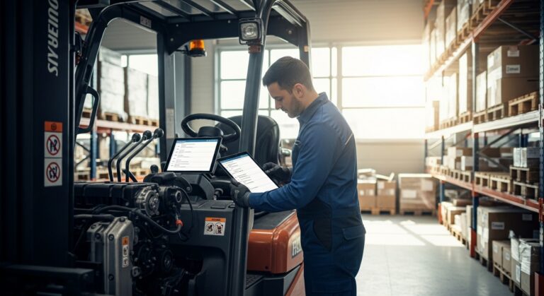 Técnico realizando manutenção preventiva em empilhadeira dentro de armazém organizado