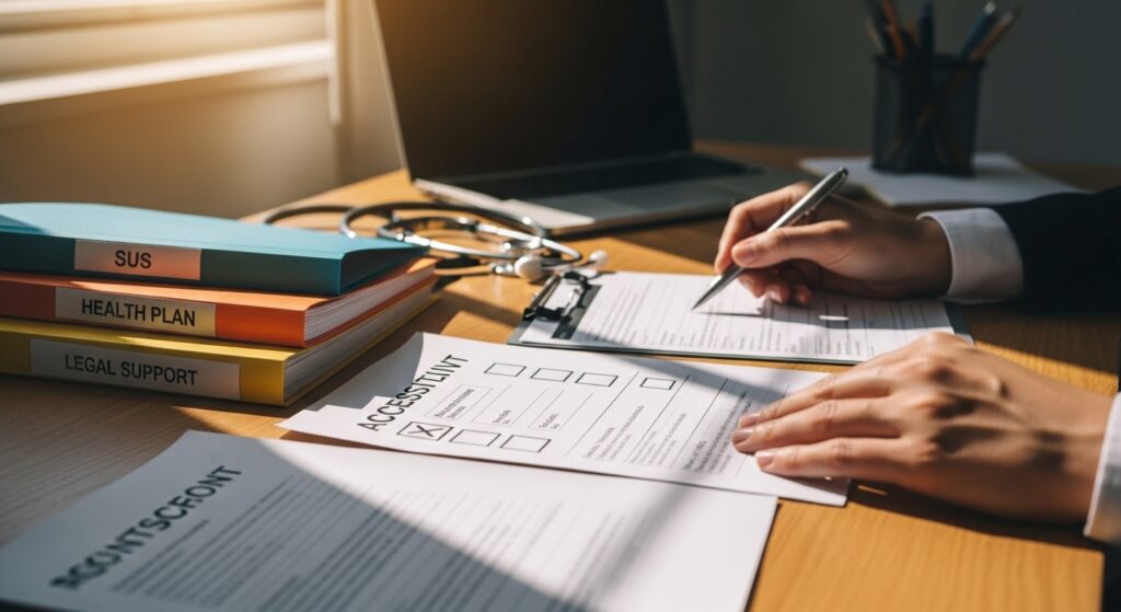 Paciente organizando documentos médicos em mesa de madeira iluminada pela luz natural