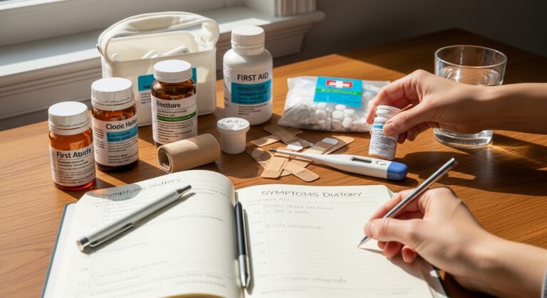 Kit de saúde doméstico organizado com medicamentos, termômetro e diário de sintomas.