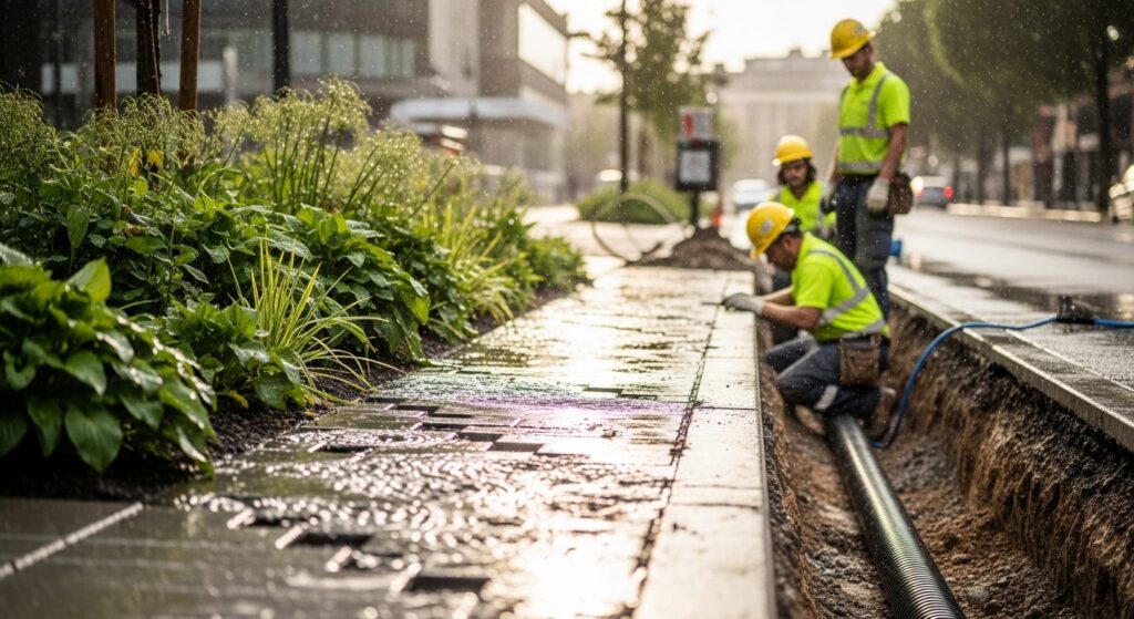 Rua urbana com pavimento permeável, jardim de chuva e tubulação PEAD exposta