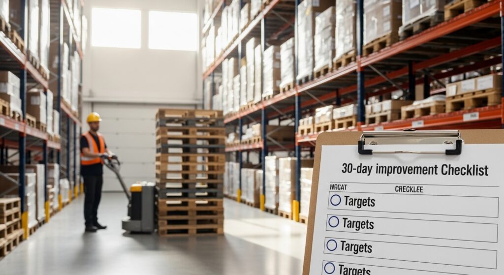 Carrinho semi-elétrico movimentando pallets em galpão organizado com checklist em primeiro plano