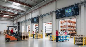 Empilhadeira em armazém eficiente movendo pallets