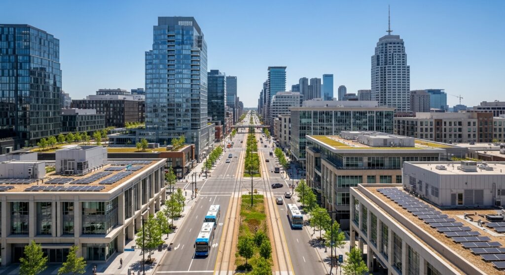 Cidade moderna com infraestrutura sustentável e transporte eficiente