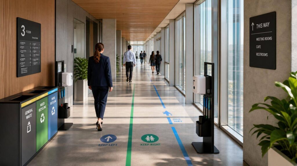 Corredor moderno com lixeiras inteligentes e sinalização de fluxo