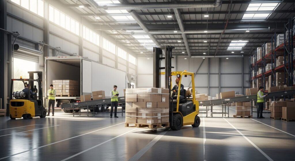 Movimentação de pallets por empilhadeira em armazém logístico eficiente