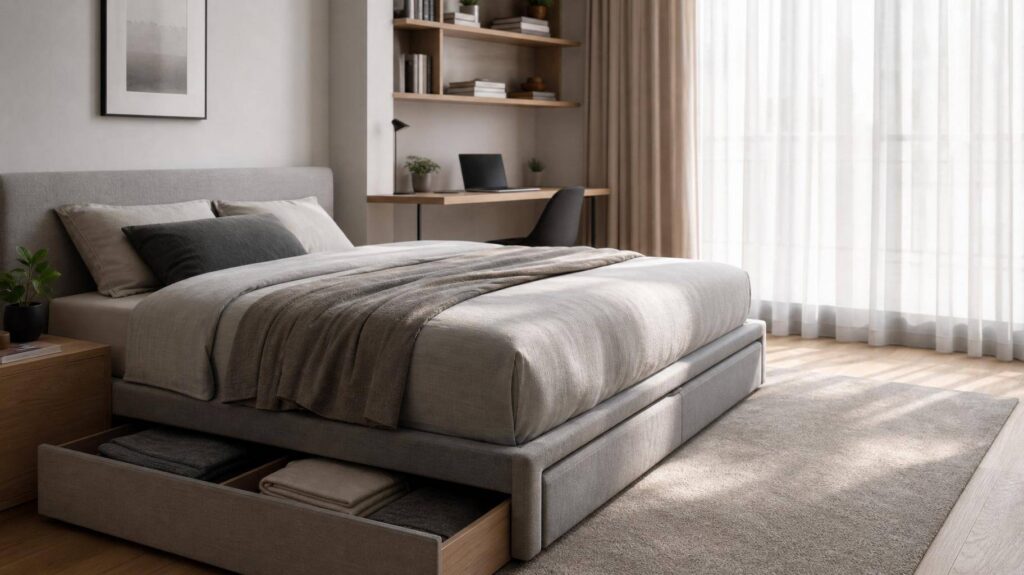 Quarto organizado com cama box e armazenamento otimizado para produtividade