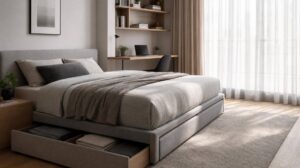 Quarto organizado com cama box e armazenamento otimizado para produtividade