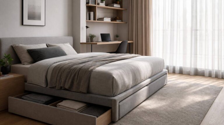 Quarto organizado com cama box e armazenamento otimizado para produtividade