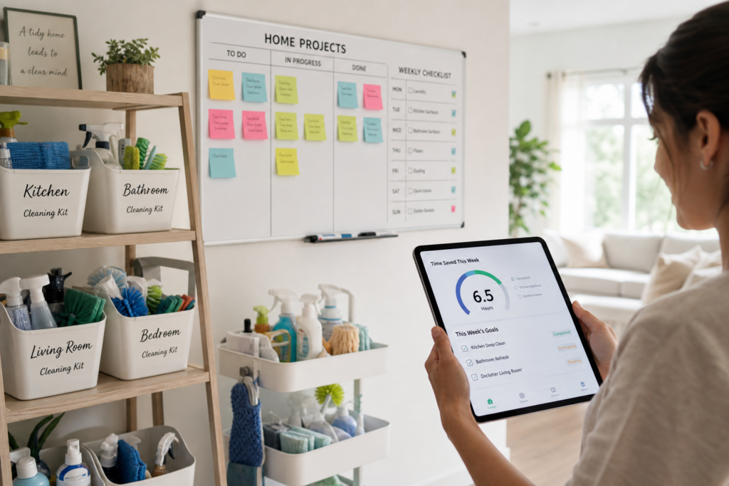 Kits de limpeza organizados e quadro Kanban doméstico com checklists